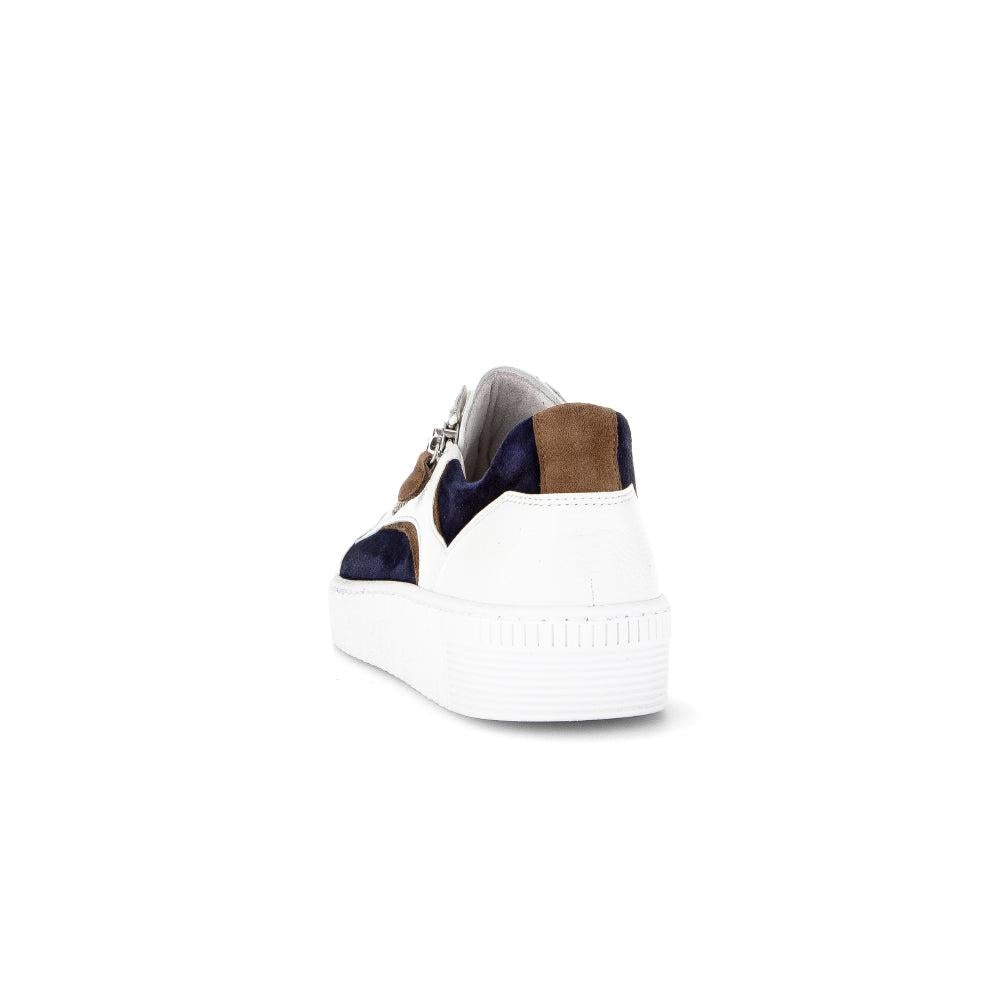 Gabor Wemo Ladies Multi Leather Zip & Lace Trainers, white sole, navy and brown accents, casual stylish footwear.