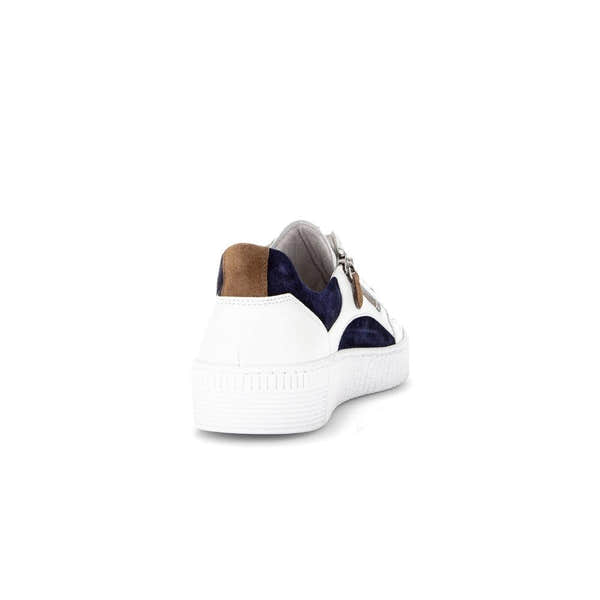 Gabor Wemo Ladies Multi Leather Zip & Lace Trainers with white sole, navy, brown, and gray accents, ankle collar, and zip closure.
