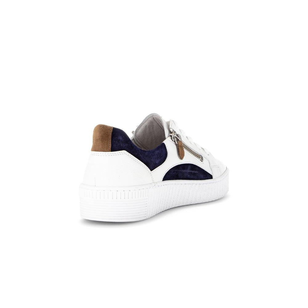 Gabor Wemo Ladies Multi Leather Zip & Lace Trainers with white, navy, gray, and brown accents and a chunky sole.