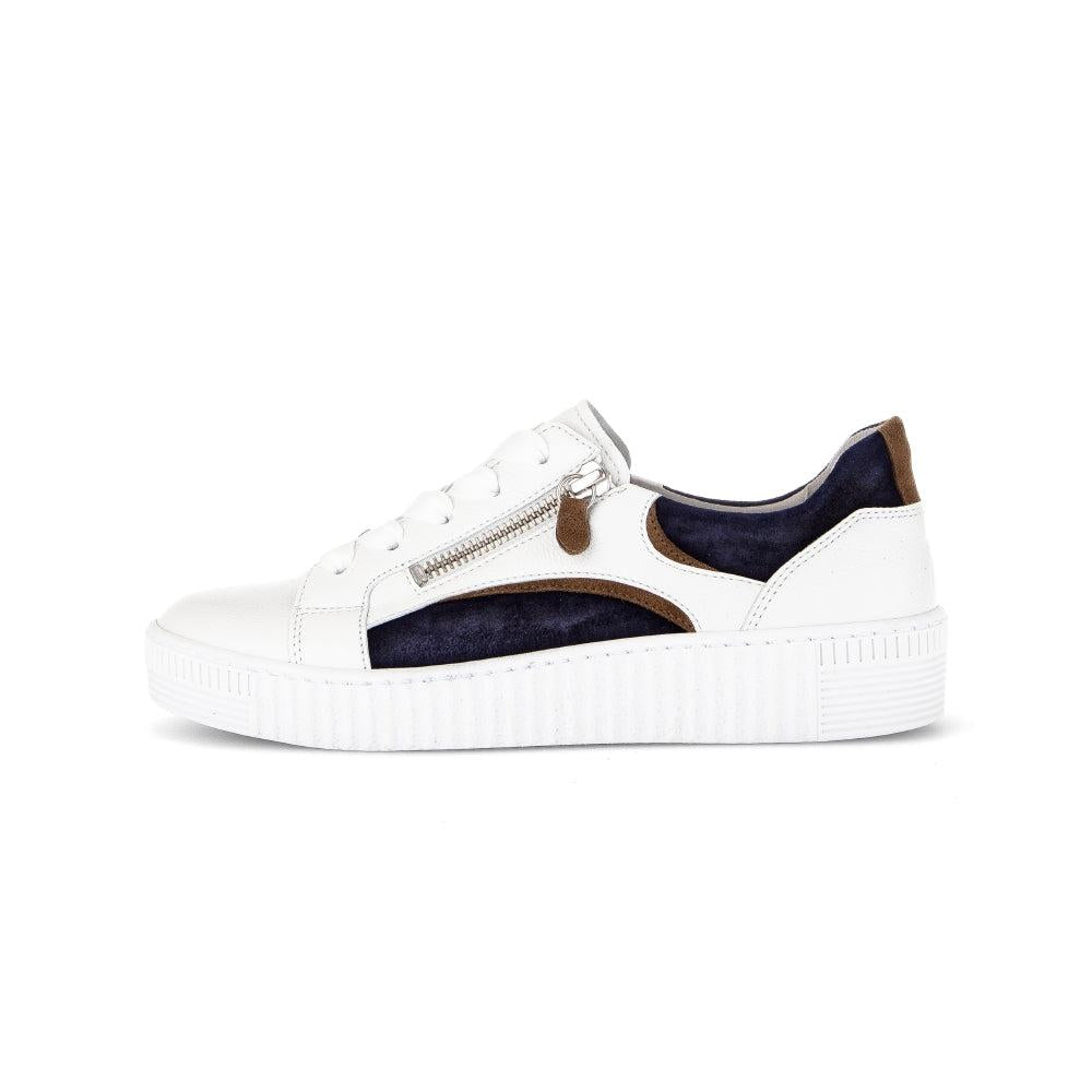 Gabor Wemo Ladies' multi-leather sneakers with zip and lace-up detail, white sole, brown and navy accents, stylish casual footwear.