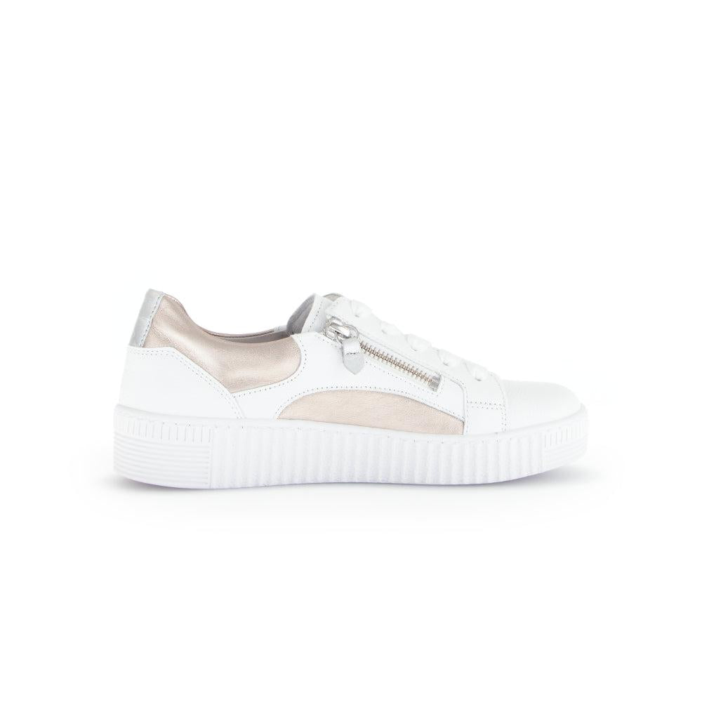Gabor Ladies Wemo Multi Leather Sneakers with Zip and Lace Detailing, White and Metallic Finishes, Casual Athletic Style.