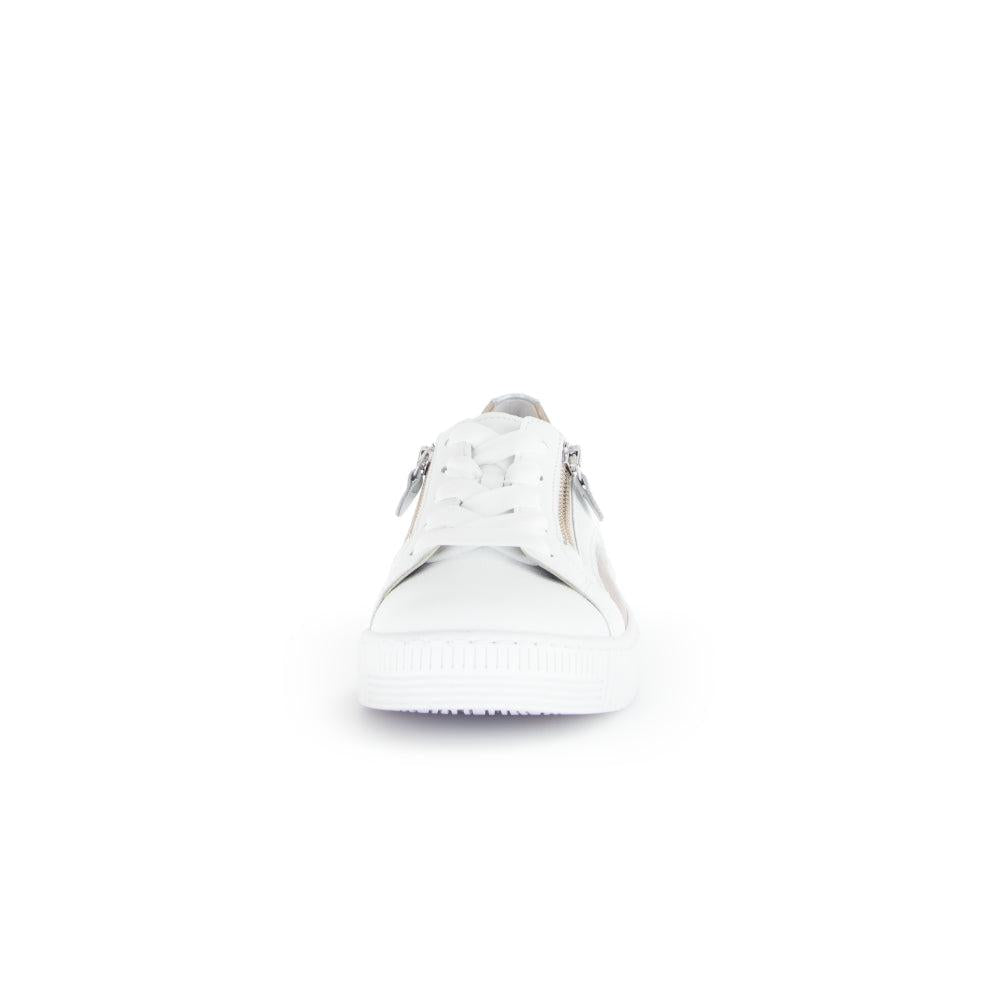 Gabor Wemo Ladies Multi Leather Zip & Lace Trainers, white casual sneakers with zippers and lace-up design.