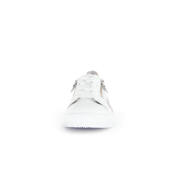 Gabor Wemo Ladies Multi Leather Zip & Lace Trainers, white casual sneakers with zippers and lace-up design.
