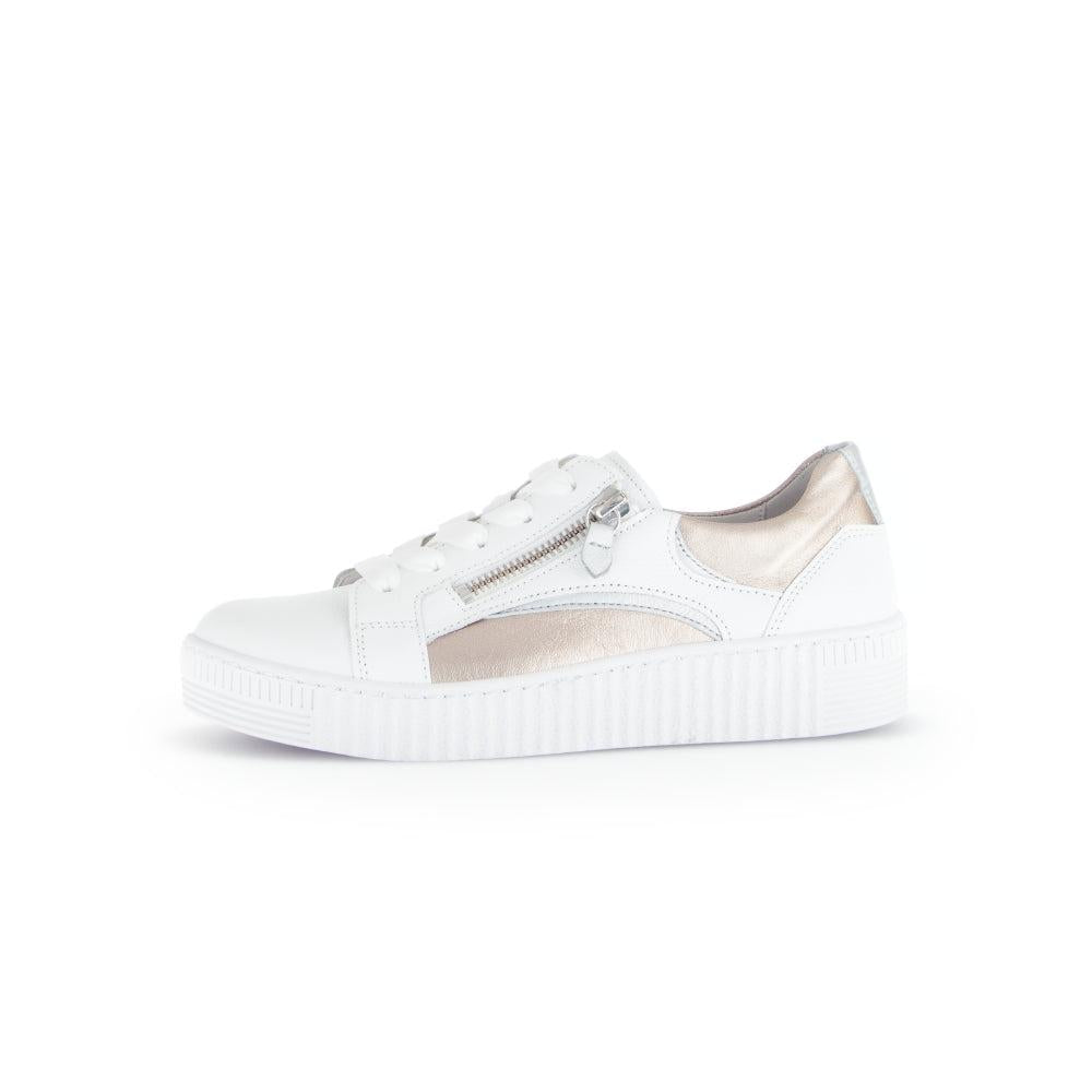Gabor Wemo Ladies White Leather Trainers with Zip, Lace-Up, and Metallic Details, Platform Sole.