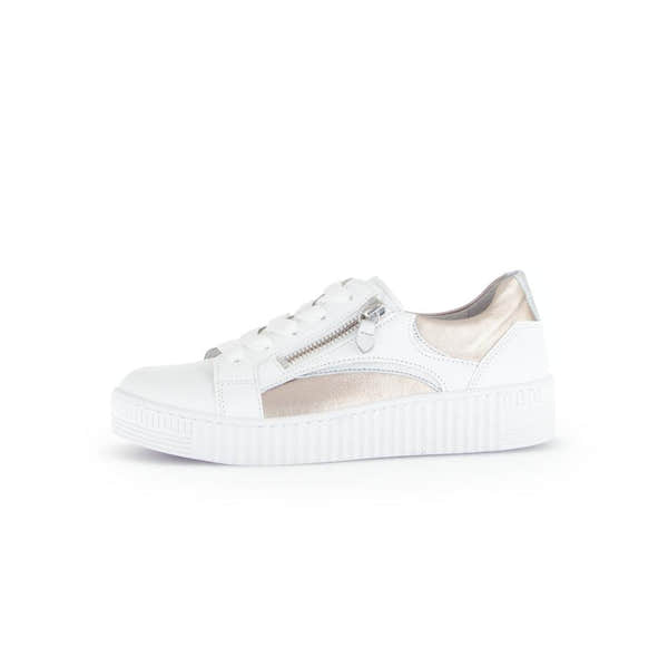 Gabor Wemo Ladies White Leather Trainers with Zip, Lace-Up, and Metallic Details, Platform Sole.
