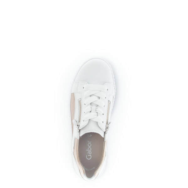 Gabor Ladies White Leather Zip & Lace Trainers with beige accents and silver zippers, casual sneaker style.