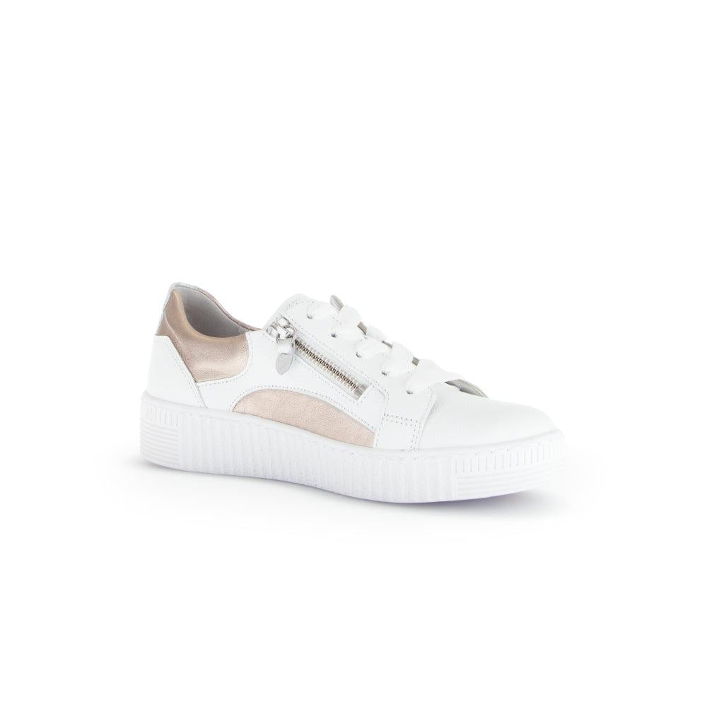 Gabor Wemo Ladies White Leather Sneakers with Zip and Lace, Multi-Color Detail, Casual Style.