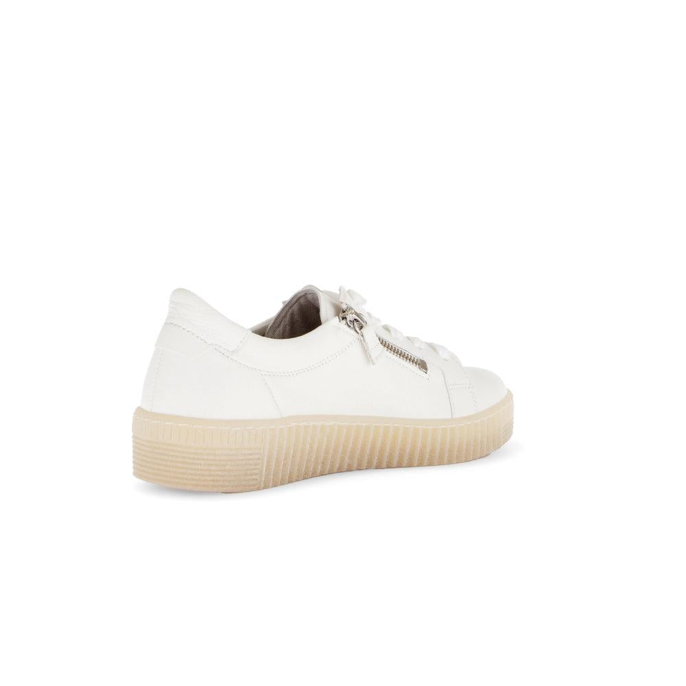 Gabor Ladies White Leather Sneakers with Zip & Lace, Creamy White, Casual Trainer, Trendy Footwear for Women