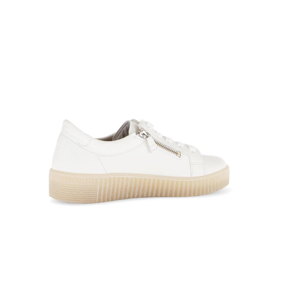 Gabor Ladies Creamy White Leather Trainers with Zip and Lace, Platform Sole, Casual Sporty Style
