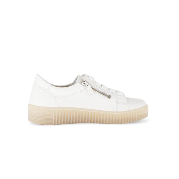 Gabor 63.334.20 ladies white leather trainers with zip and lace-up design, creamy white color, chunky rubber sole.