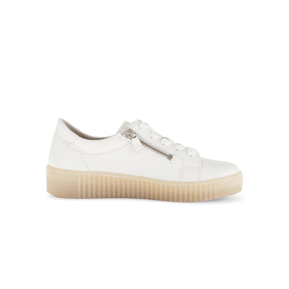 Gabor Ladies Creamy White Leather Trainers with Zip & Lace, Platform Sole, Stylish Womens Sneakers