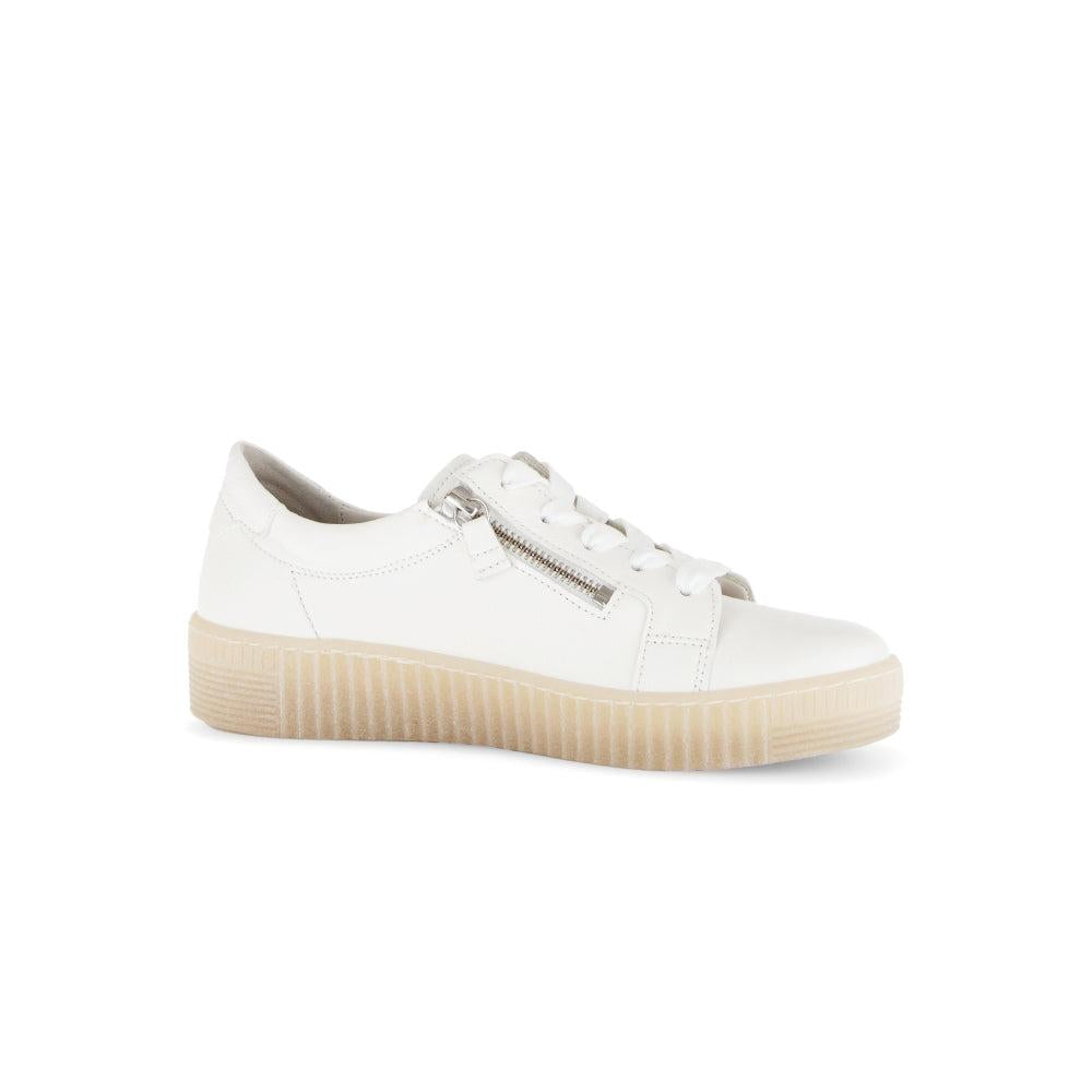 Gabor Ladies White Leather Sneakers with Zip & Lace, Creamy Finish, Platform Sole, Stylish & Comfortable Footwear