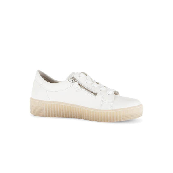 Gabor Ladies White Leather Sneakers with Zip & Lace, Creamy Finish, Platform Sole, Stylish & Comfortable Footwear
