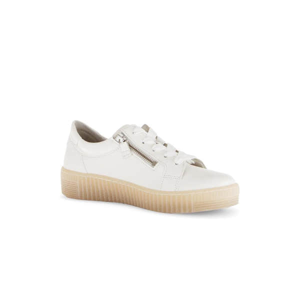 Gabor Women's Creamy White Leather Trainers with Zip and Lace, Flat Sole, Casual Style.