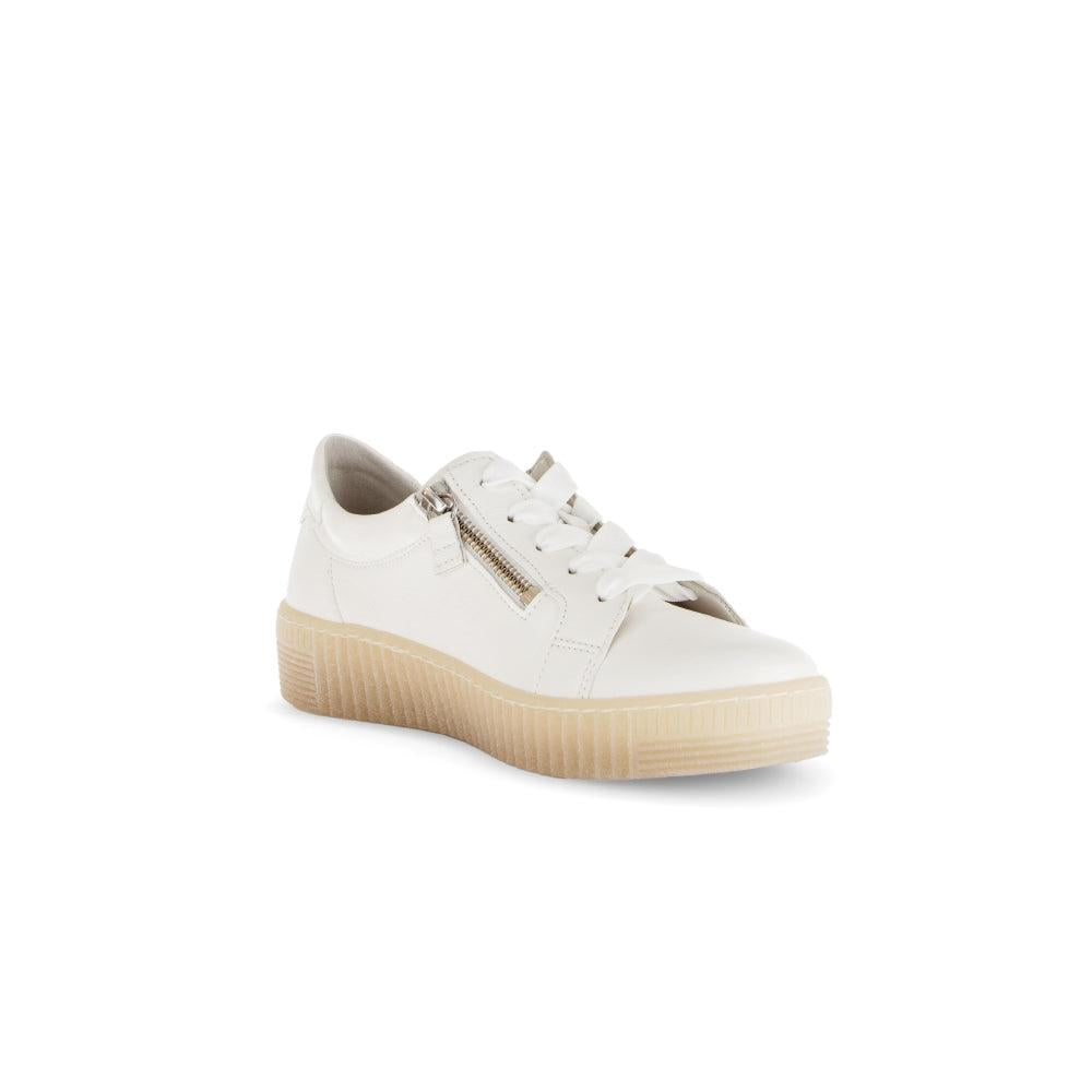 Gabor women's cream white leather trainers with lace-up front and side zipper, chunky rubber sole, casual sneaker style.