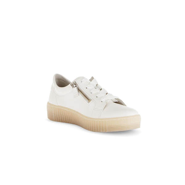 Gabor women's cream white leather trainers with lace-up front and side zipper, chunky rubber sole, casual sneaker style.