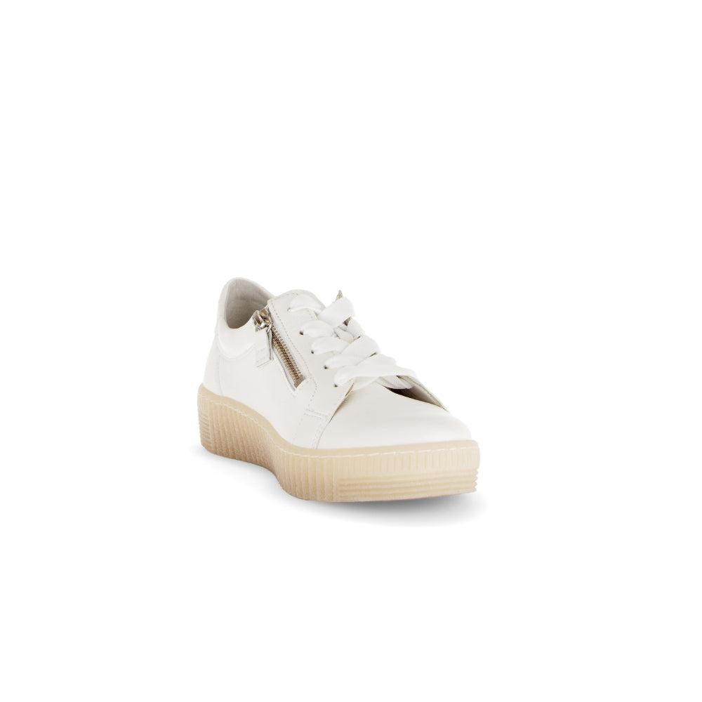 Gabor Ladies' Creamy White Leather Trainers with Zip, Lace-Up, and Chunky Sole design.