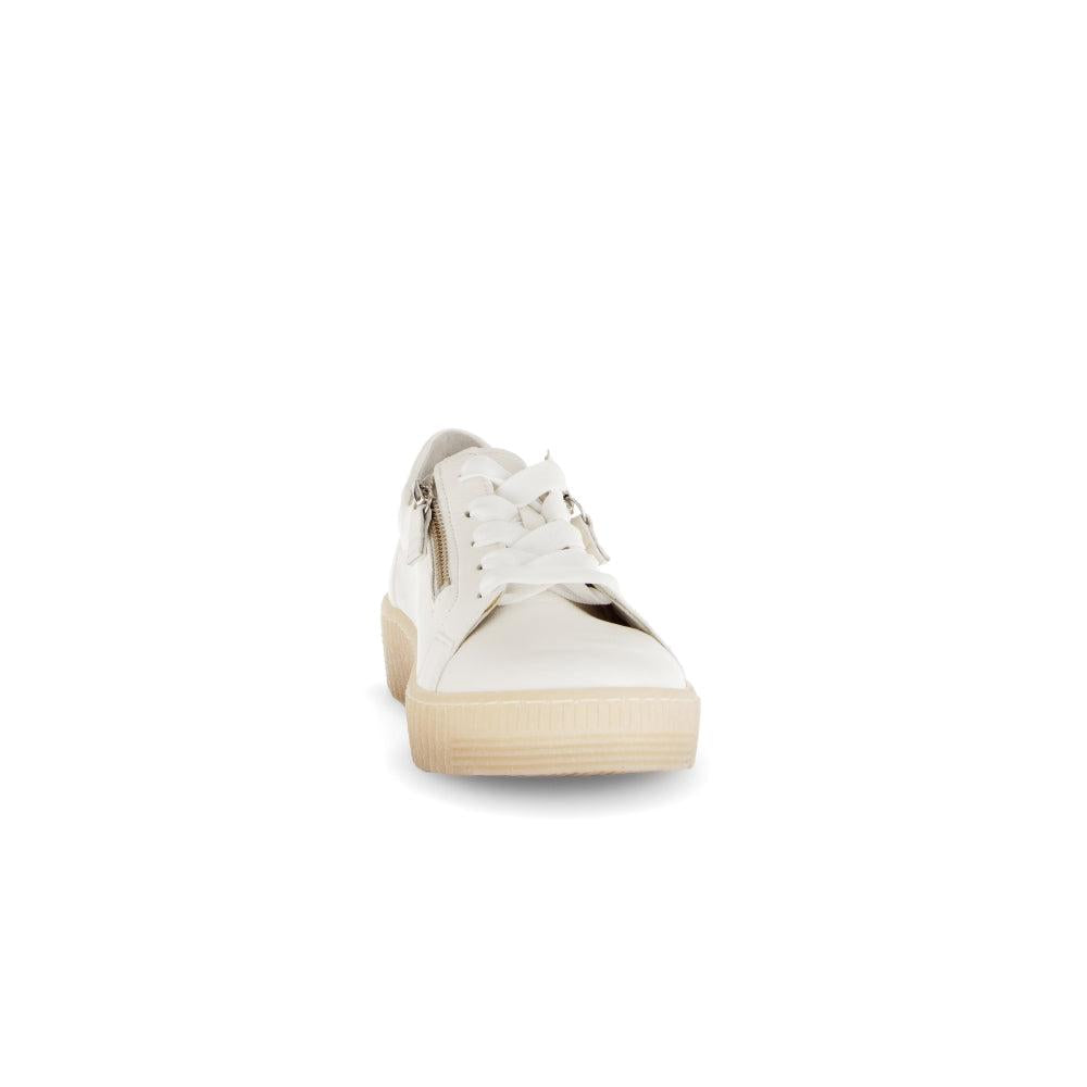 Gabor ladies white leather trainers with zip and lace-up closure, chunky sole, and stylish design.
