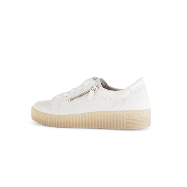 Gabor Ladies Creamy White Leather Trainers with Lace-up Design, Zip Detail, and Thick Rubber Sole.