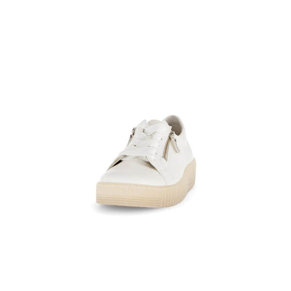 Gabor Ladies' Creamy White Leather Trainers with Zip and Lace Detail, Platform Sole, stylish and comfortable footwear for women.