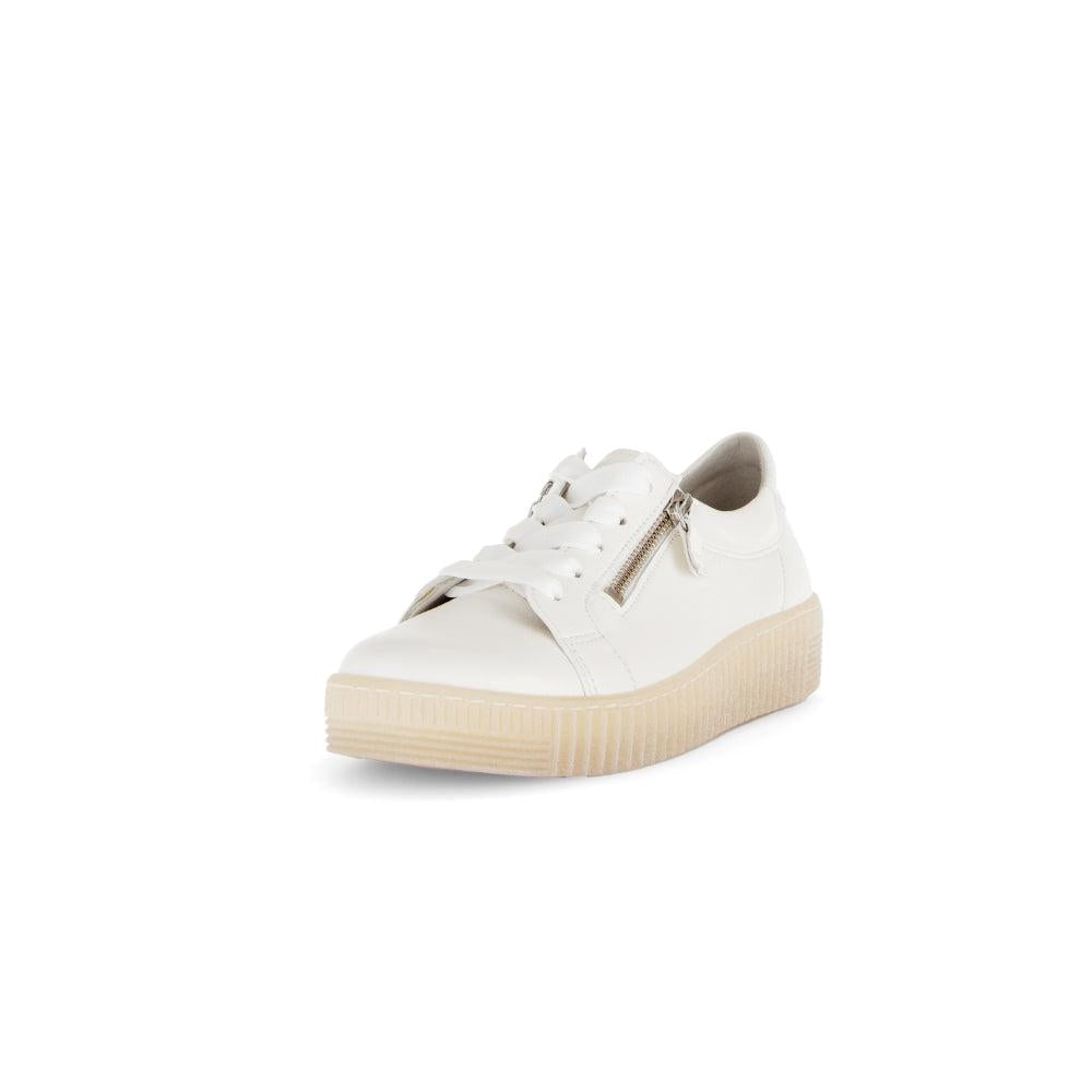 Gabor Ladies White Leather Trainers with Zipper and Lace Details, Creamy White, Platform Sole.