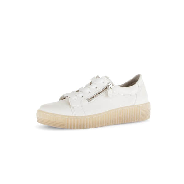 Gabor Ladies Creamy White Leather Sneakers with Zip & Lace, chunky sole, stylish casual footwear for women.
