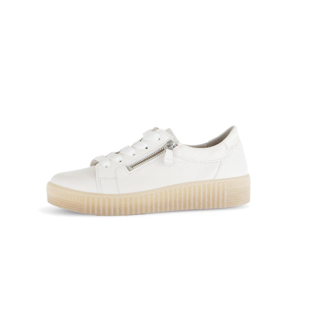 Gabor Ladies White Leather Trainers with zip and lace-up closure, creamy white color, thick ribbed sole, stylish and comfortable footwear.