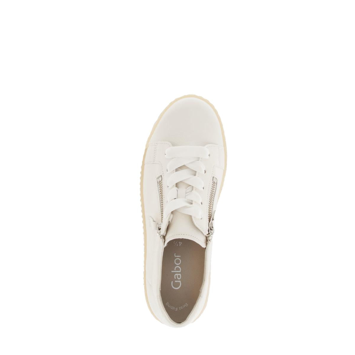 Gabor Ladies Creamy White Leather Trainers with Zip and Lace-up, cushioned sole, stylish casual footwear.