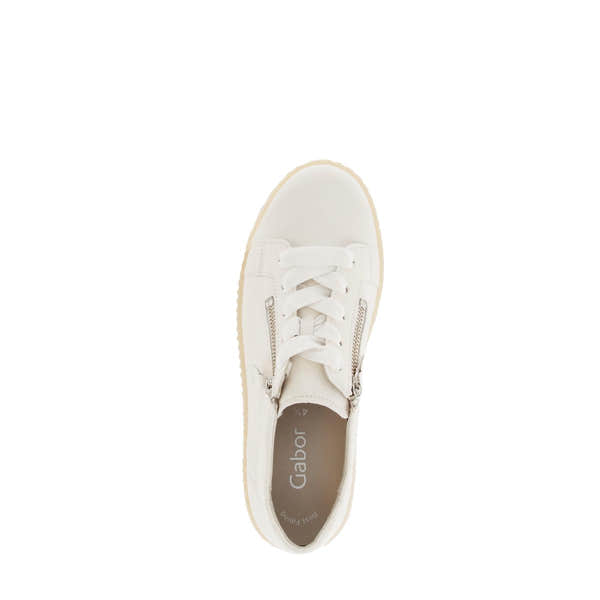 Gabor Ladies Creamy White Leather Trainers with Zip and Lace-up, cushioned sole, stylish casual footwear.