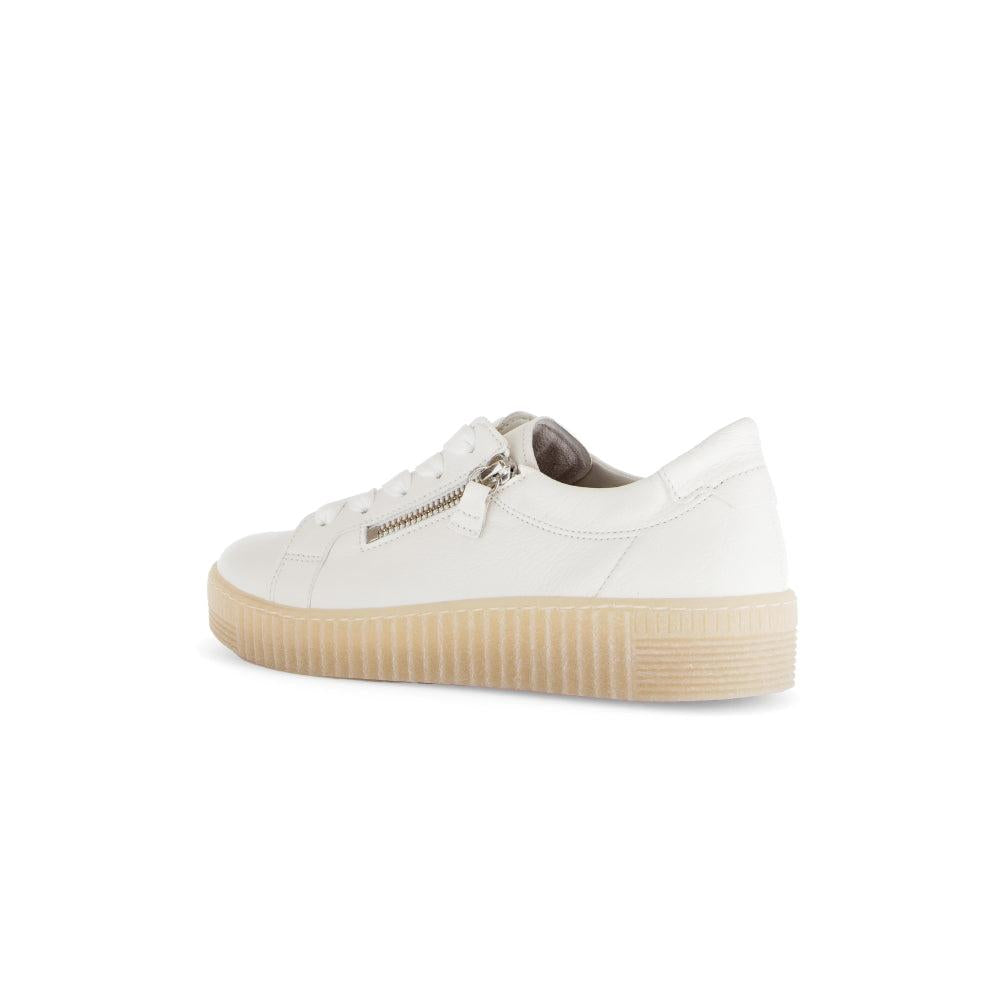 Gabor Ladies Creamy White Leather Trainers with Zip and Lace, Low-Top Sneakers, Stylish and Comfortable Footwear for Women.