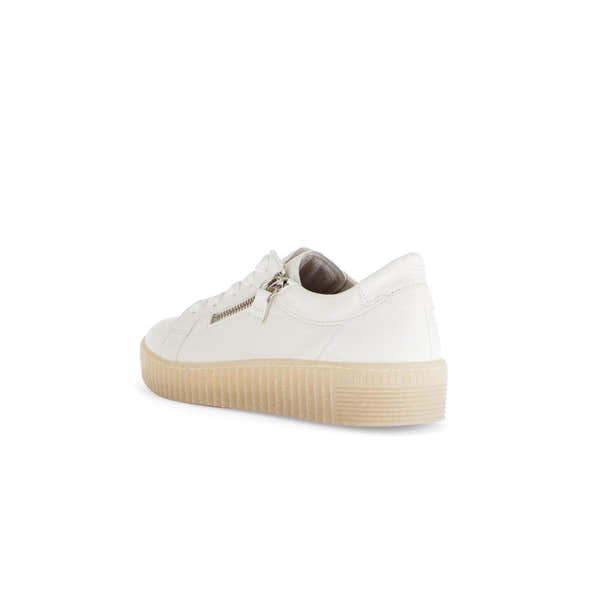 Gabor Ladies Creamy White Leather Trainers with Zip and Lace, rubber sole, stylish casual footwear for women.