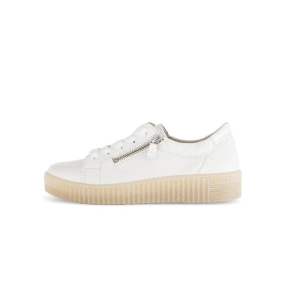 Gabor Ladies Creamy White Leather Trainers with Zip & Lace, Platform Sole, Casual Sneakers for Women