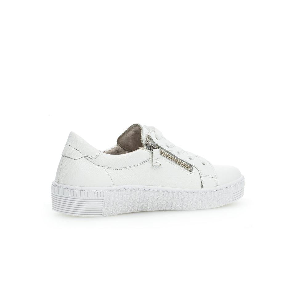 Gabor women's white leather trainer with zip and lace-up design, chunky sole, and brown heel detail.