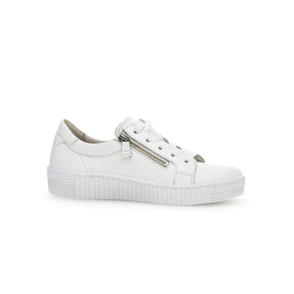Gabor Women's White Leather Trainers with Zip and Lace Details, Chunky Sole, Casual Style.