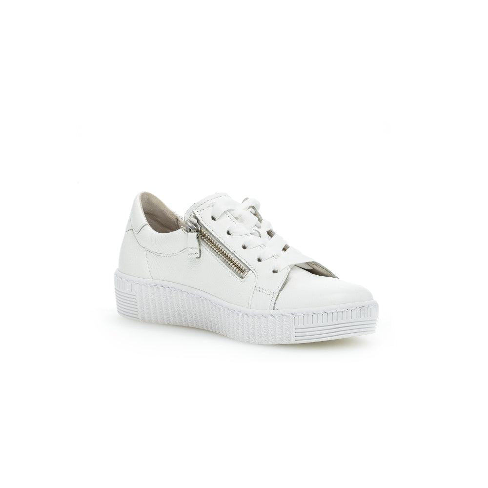 Gabor 63.334.21 women's white leather sneakers with zipper and lace-up front, platform sole, casual footwear.