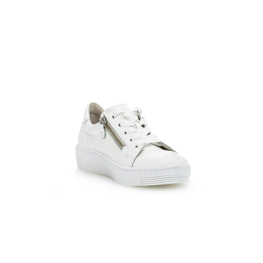 Gabor women's white leather platform trainers with lace-up front and silver side zipper detail.