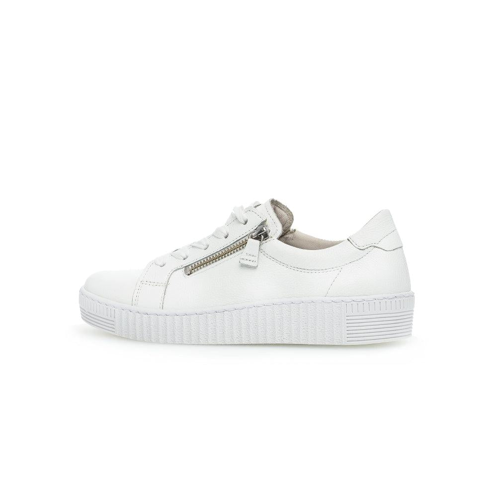 Gabor Women's White Leather Trainers with Zip and Lace Closure, Platform Sole, Casual Fashion Sneakers