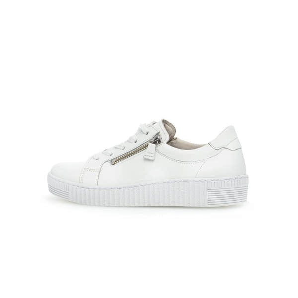 Gabor Women's White Leather Trainers with Zip and Lace Closure, Platform Sole, Casual Fashion Sneakers