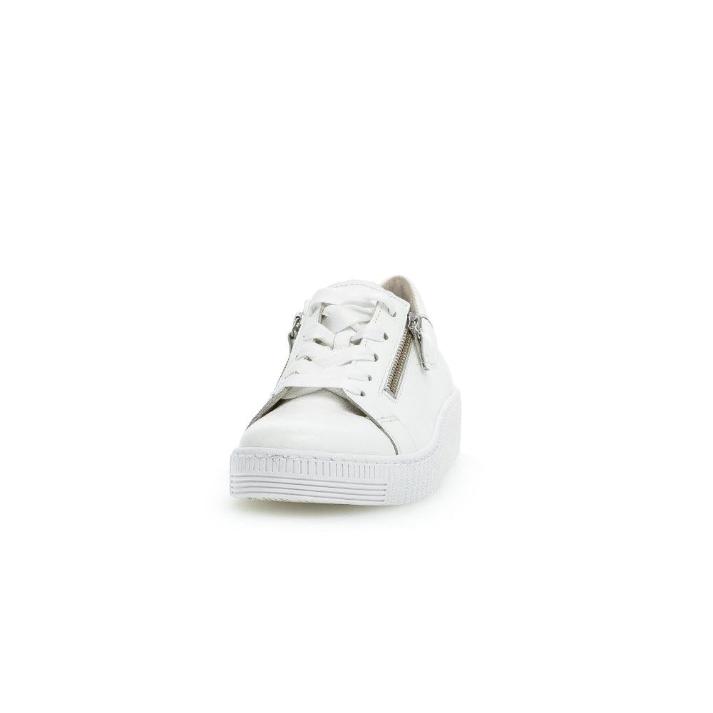 Gabor women's white leather trainers with lace-up design, zip detail, and chunky sole.