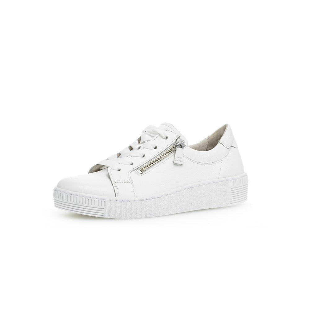 Gabor Women's White Leather Trainers with Zip and Lace Detailing, Platform Sole, stylish casual sneakers.