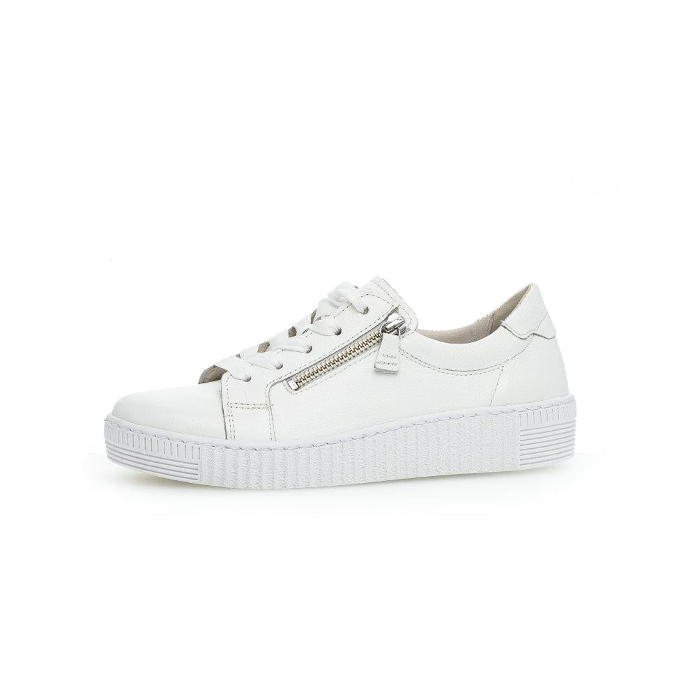 Gabor Ladies White Leather Zip & Lace Trainers with platform sole and side zipper detail.