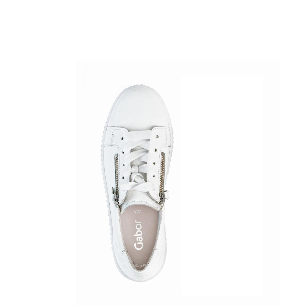 White leather women's trainers with zip and lace design, featuring zipper details and a cushioned insole for comfort.