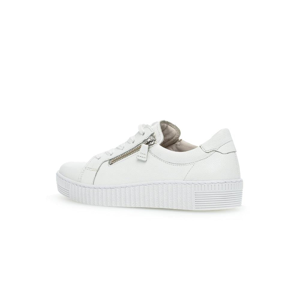 Gabor Women's White Leather Lace-Up Sneakers with Zip and Textured Sole, stylish casual footwear.