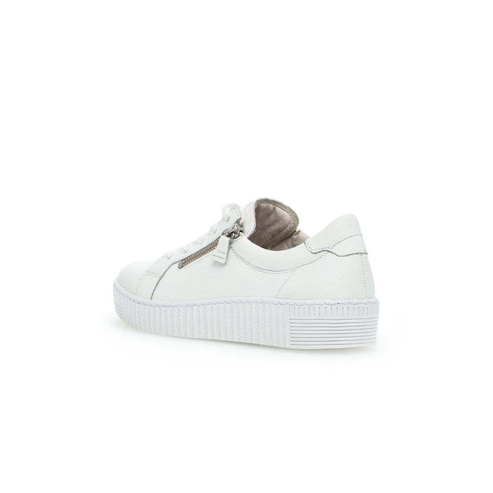 Gabor 63.334.21 women's white leather lace-up trainers with zip detail and chunky sole.