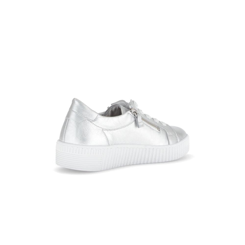 Gabor Ladies Silver Leather Trainers with Zip and Lace Details, low-top sneaker with chunky white sole.