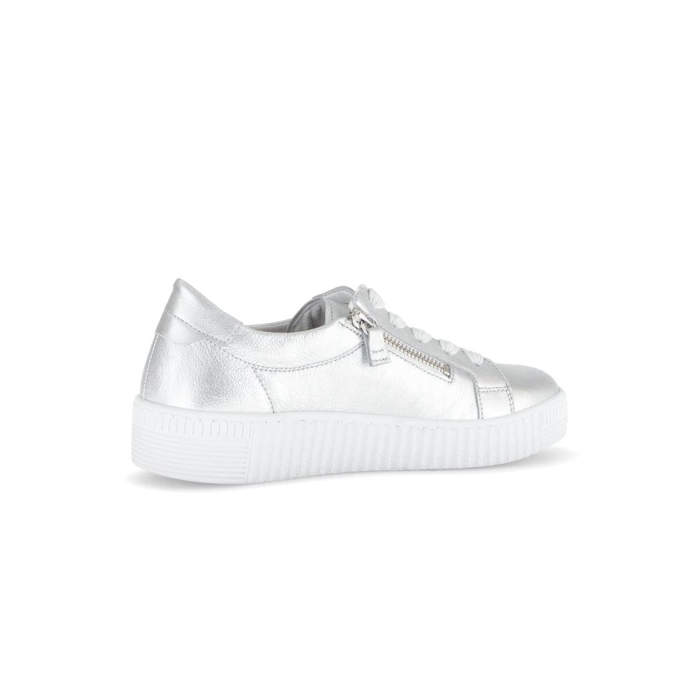 Gabor Women's Silver Leather Trainers with Zip and Lace Details, Platform Sole, Fashionable and comfortable footwear.