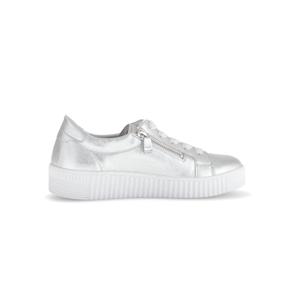 Gabor 63.334.61 women's silver leather trainers with zip and lace details, chunky rubber sole, stylish and sporty footwear.