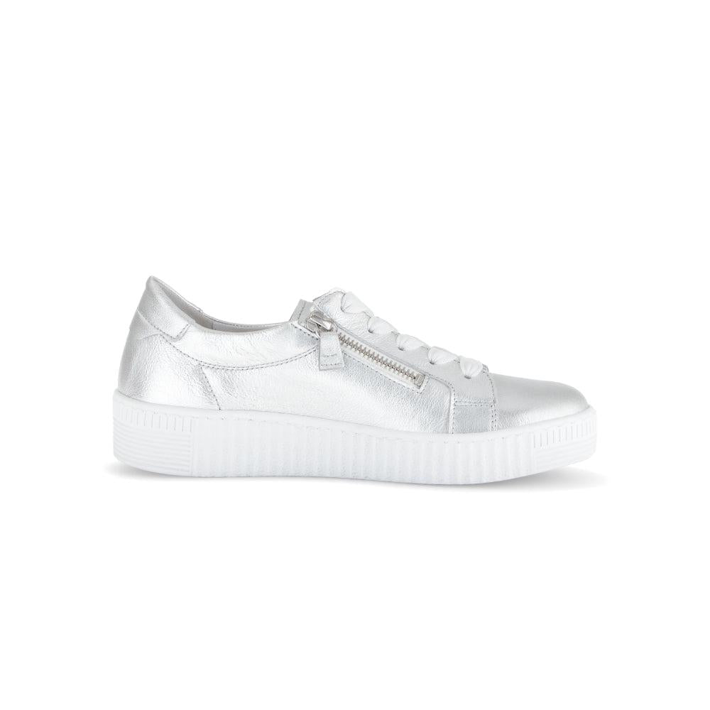 Gabor Ladies silver leather trainers with zip and lace-up design, chunky white sole, stylish and comfortable footwear.