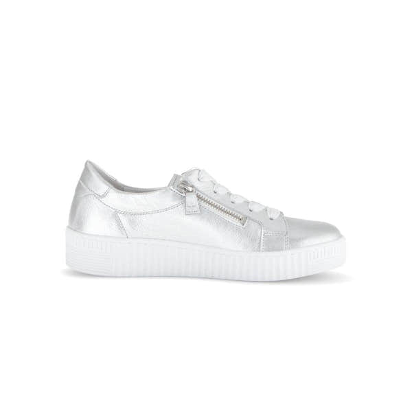 Gabor Ladies silver leather trainers with zip and lace-up design, chunky white sole, stylish and comfortable footwear.