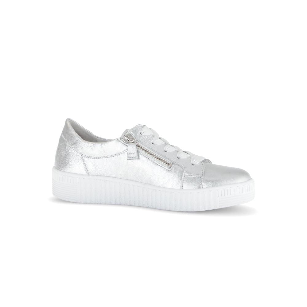 Gabor Ladies Silver Leather Trainers with Zip and Lace Closure, chunky white sole, stylish and trendy footwear.
